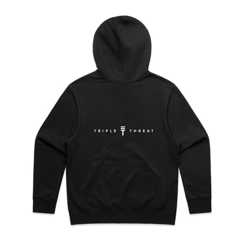 Back view of kids icon hoodie black with the Triple Threat logo in white and the 'Triple Threat' text in the center in white