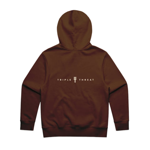 back of brown hoodie with the white Triple Threat logo and text