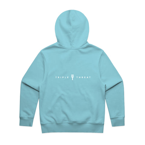 Back view of the baby blue Triple Threat hoodie with the text 'Triple Threat' in white with the logo