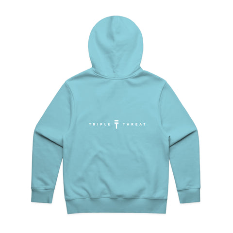 Back of baby blue zip hoodie with the Triple Threat logo and 'Triple Threat' text in white 