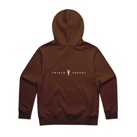 Back of brown zip hoodie with 'Triple Threat' text in white with a white Triple Threat logo in the center