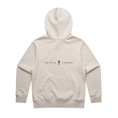 back view of kids cream zip hoodie with 'Triple Threat' in brown text as well as the Triple Threat logo in brown in the center