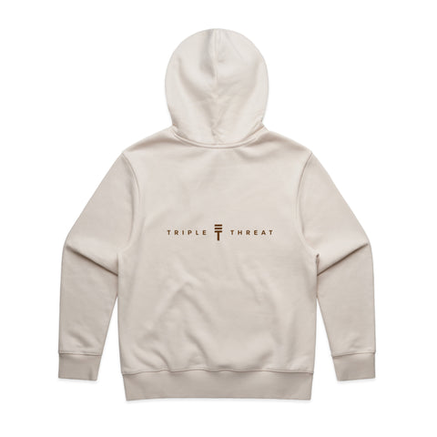 Back view of kids zip hoodie in cream featuring Triple Threat logo in brown and 'Triple Threat' text in brown