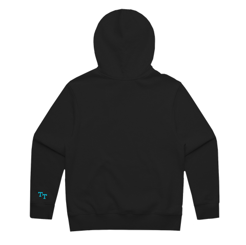 back of black hoodie with embroidered "TT" in blue on the bottom left sleeve  