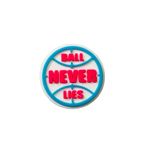 Triple Threat Jibbit / Croc Charm of a ball  outline in blue with the text 'BALL NEVER LIES' inside in red