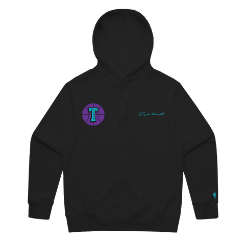 Black hoodie with a basketball design in purple and blue and 'Triple Threat' embroidered in blue and the triple threat logo embroidered on the bottom left sleeve