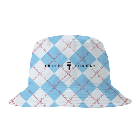 A blue and white diamond-patterned bucket hat with the Triple Threat logo with 'Triple Threat' repeated in red calligraphy 