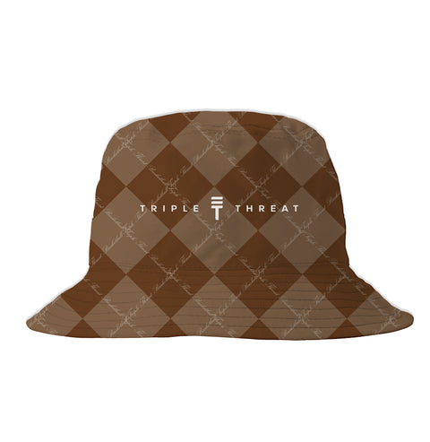 Triple Threat bucket hat with brown and light brown checkered design with fine print 'Triple Threat' in calligraphy text  crisscrossing over the whole hat and Triple Threat logo and name on front