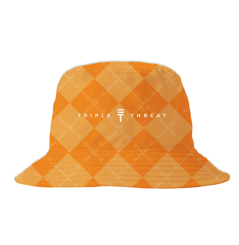 Triple Threat bucket hat with orange and light orange checkered design with fine print 'Triple Threat' in calligraphy text crisscrossing over the whole hat and Triple Threat logo and name on front