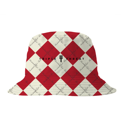 A red and white checkered bucket hat with 'Triple Threat' logo and calligraphy pattern.