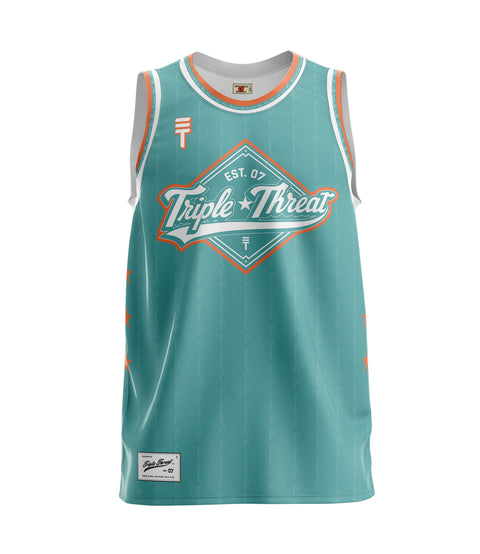 Teal basketball singlet with vibrant orange and white "Triple Threat" text, featuring a diamond design and Triple Threat logo, displayed on a plain background