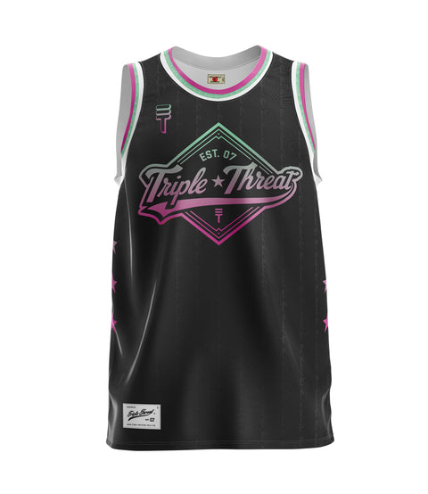 Black basketball singlet with neon pink and green "Triple Threat" logo and trim