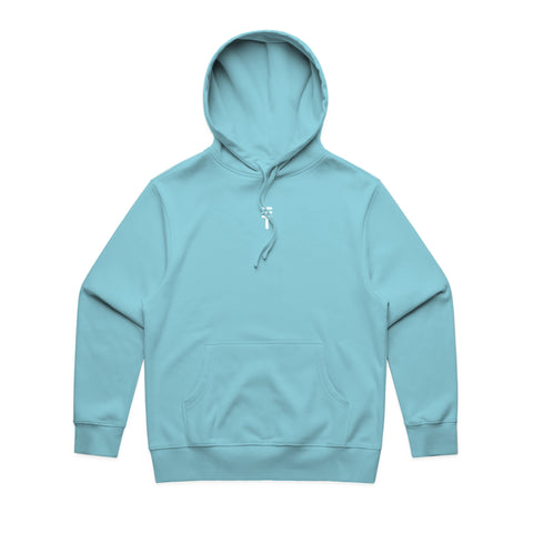 Front view of baby blue basketball  hoodie with a small white Triple Threat logo in the center and a front pouch