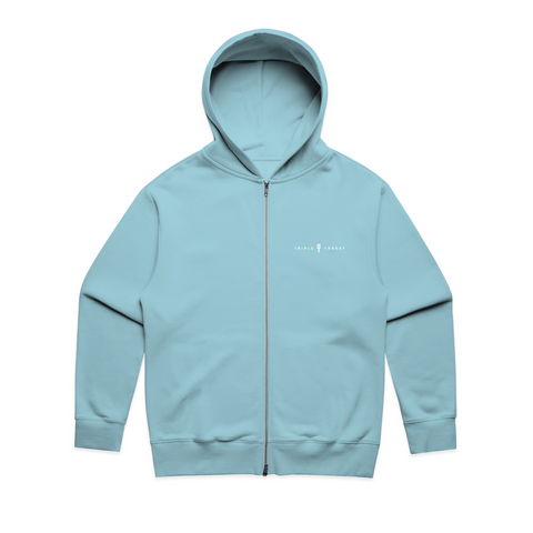 Baby blue zip hoodie with small white text 'Triple Threat' and Triple Threat logo