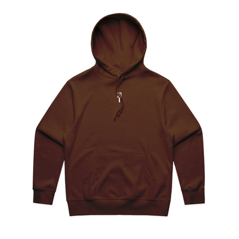 Brown hoodie for kids with a white Triple Threat logo in the center and a front pouch