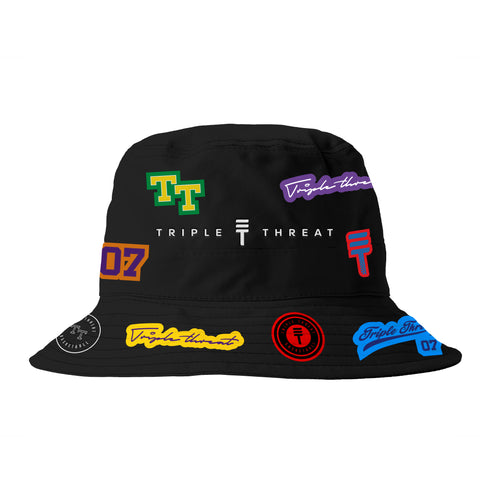 Triple Threat Logo Bucket Hat in black with various colourful patches, featuring the Triple Threat logo and design.