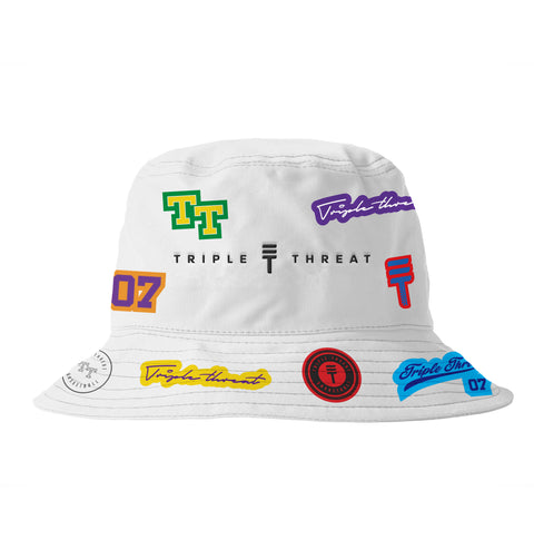 Triple Threat Logo Bucket Hat in White with various colourful patches, featuring the Triple Threat logo and design.