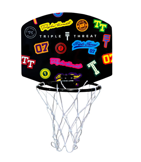 Triple Threat mini basketball hoop with colourful Triple Threat logos all over backboard