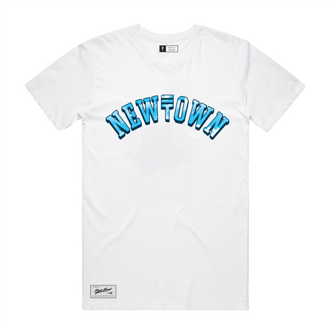 White t-shirt with "Newtown" text featuring the Triple Threat logo and a sky design for the block lettering