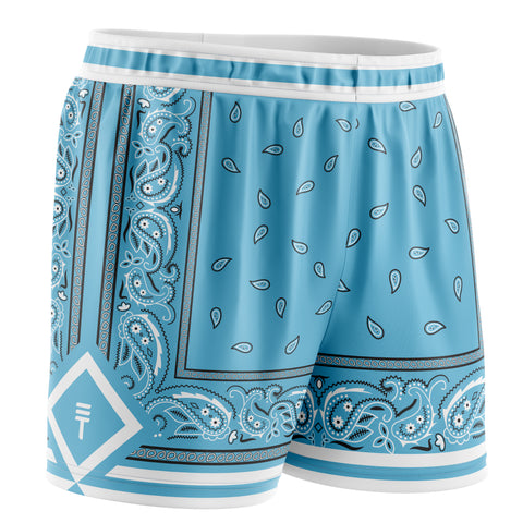 blue paisley basketball shorts with detail in white and black featuring the Triple Threat logo