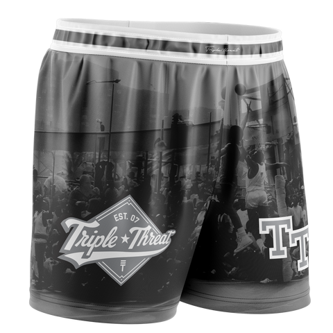 Basketball Shorts with a printed image of Rucker Basketball black and white featuring Triple Threat logos