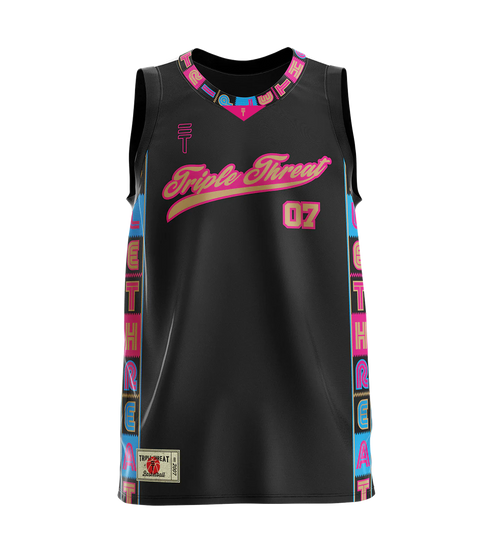 black basketball singlet with bright pink script on the sides and center featuring the Triple logo and 'Triple Threat' text