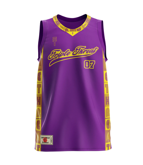 Purple basketball singlet with yellow accents, featuring the Triple Threat logo on the front and "Triple Threat" text along the sides