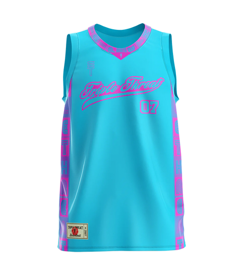 Teal basketball singlet with pink Triple Threat logo, pink and purple side panels featuring Triple Threat branding