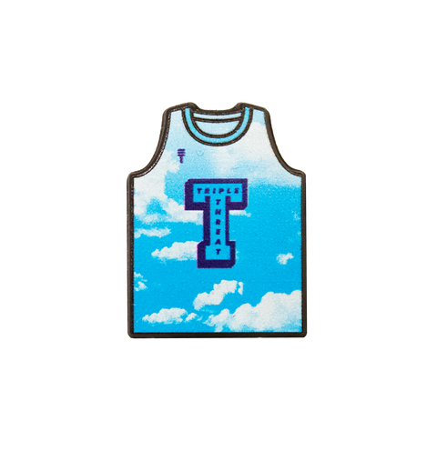 Sky Singlet Jibbitz in blue with a 'Triple Threat' logo and cloud pattern