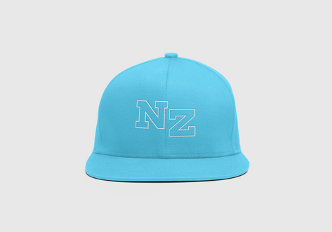 front view of Triple Threat blue snapback with NZ in white big outline text 