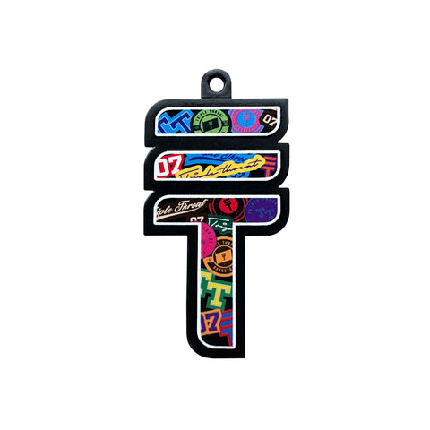 Triple Threat logo key ring with various colors and designs of the Triple Threar logo within