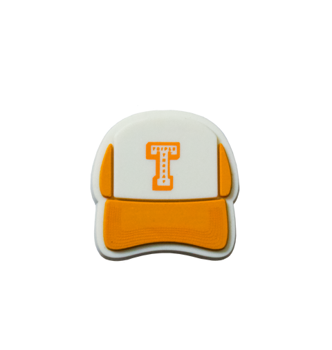 Orange Trucker hat Jibbit / Croc Charm with a white front featuring a T Triple Threat logo