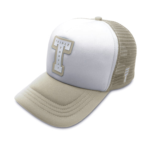 Trucker hat in Tan with white front featuring the 'Triple Threat' text inside a large 'T' design