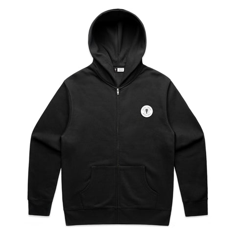 Black zip hoodie with white small Triple Threat branding patch