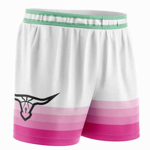 Mesh basketball shorts in white with a green trim around the waist and pink gradient towards bottom featuring the buffalo Triple Threat logo