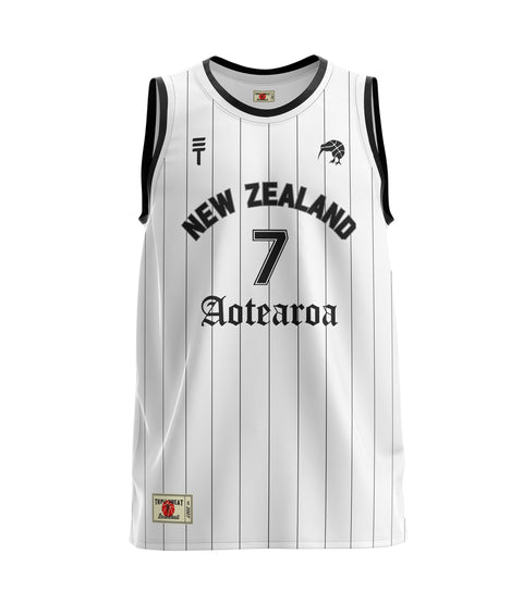 white basketball singlet from Triple Threat NZ featuring the text 'NEW ZEALAND AOTEAROA with the number 7 the STriple Threat logo and a basketball kiwi bird design and a black trim around the armholes and neck hole 