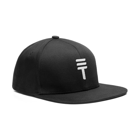 Front side view of a black snapback with a white Triple Threat logo