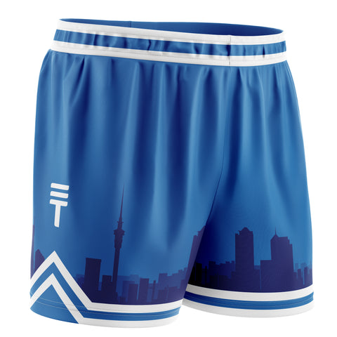 Blue basketball shorts with a dark blue Auckland, NZ skyline design, elastic waistband, white trim, and the Triple Threat logo