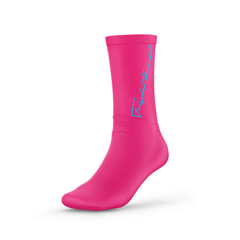 Pink basketball socks with blue calligraphy design of the text 'Triple Threat'