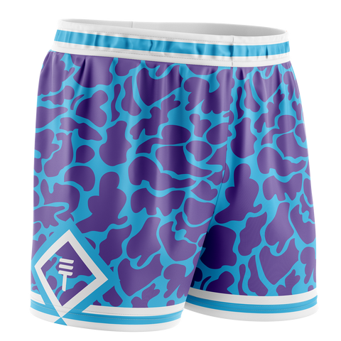 blue and purple camo basketball shorts with white trim and a diamond design with a Triple Threat logo inside