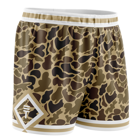 Olive, green and brown camo basketball shorts with white trim around waist and leg holes with a triangle with a Triple Threat logo in the center 