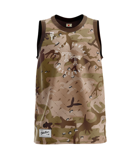 Brown camouflage basketball singlet with Triple Threat logo and TT Basketball branding