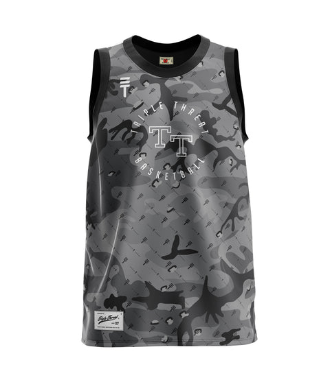 Grey camouflage basketball singlet with Triple Threat logo and TT basketball branding