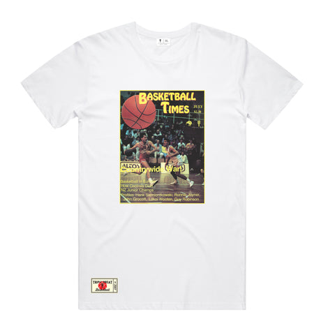 white t-shirt with graphic of Frack Mulvihill playing basketball with the text 'Basketball Times' and a Triple Threat brand patch