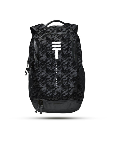 Black backpack with textured grey and black design on front with white Triple Threat logo and 'Triple Threat' text