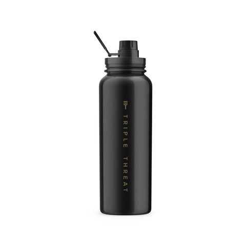 black insulated water bottle with hand and 'Triple Threat' text and Triple Threat logo in gold 