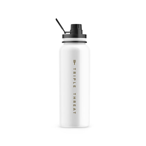 White metal water bottle with black sealable lid with the text 'Triple Threat' text and the Triple Threat logo