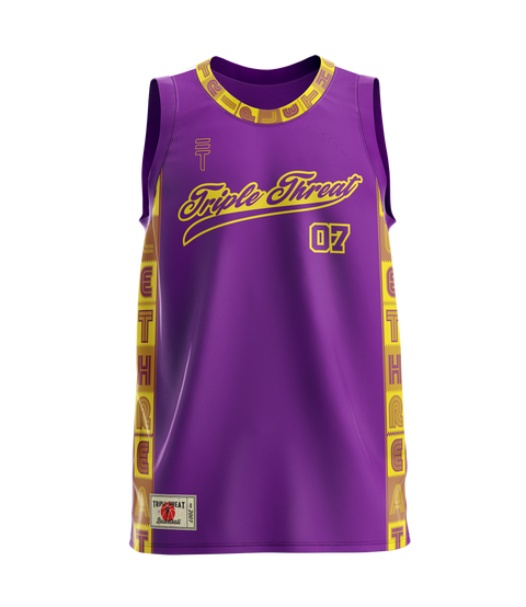 Kids script singlet in purple with yellow and gold trip with letters spelling Triple Threat, with the Triple Threat logo, "Triple Threat" in center and 07 