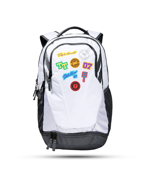 White backpack with colourful Triple Threat logos 