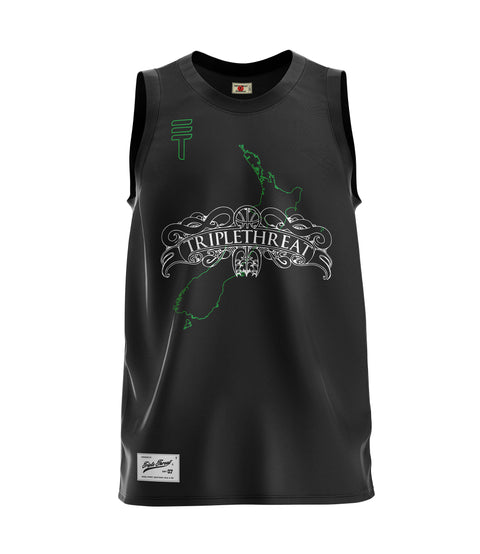 Black basketball singlet with green New Zealand map and ornate "Triple Threat" logo in white, with a green Triple Threat logo, displayed on a plain background